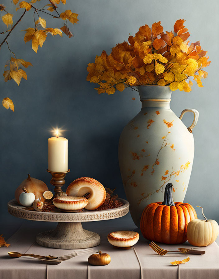 Seasonal still life with large vase, pumpkins, candle, and scattered leaves on moody background