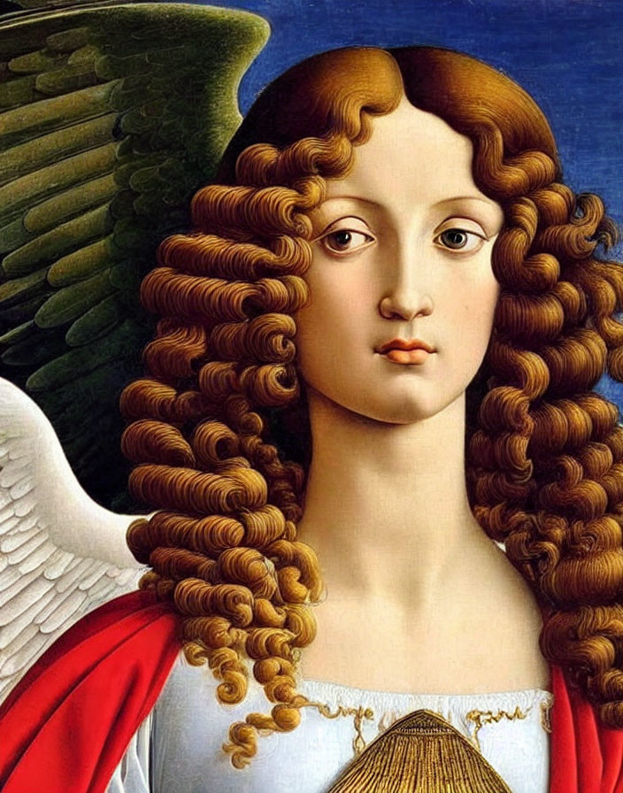 Curly-Haired Angel with Wings and Golden Arrow in Red and White Robe