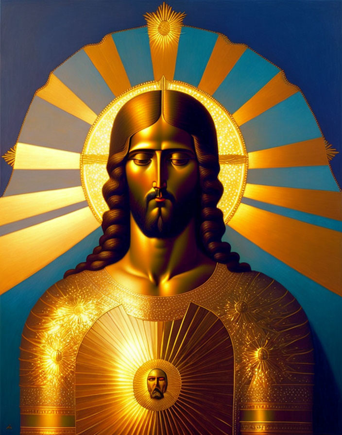 Stylized religious icon with halo and gold details on blue background