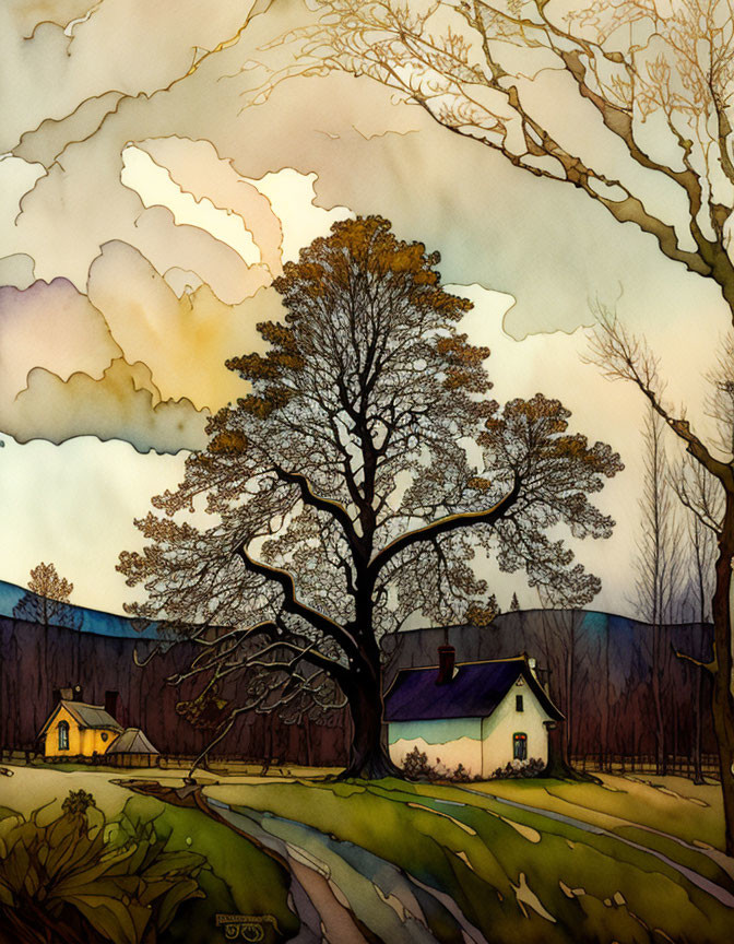 Stylized artwork of leafless tree in rural landscape with dramatic sky