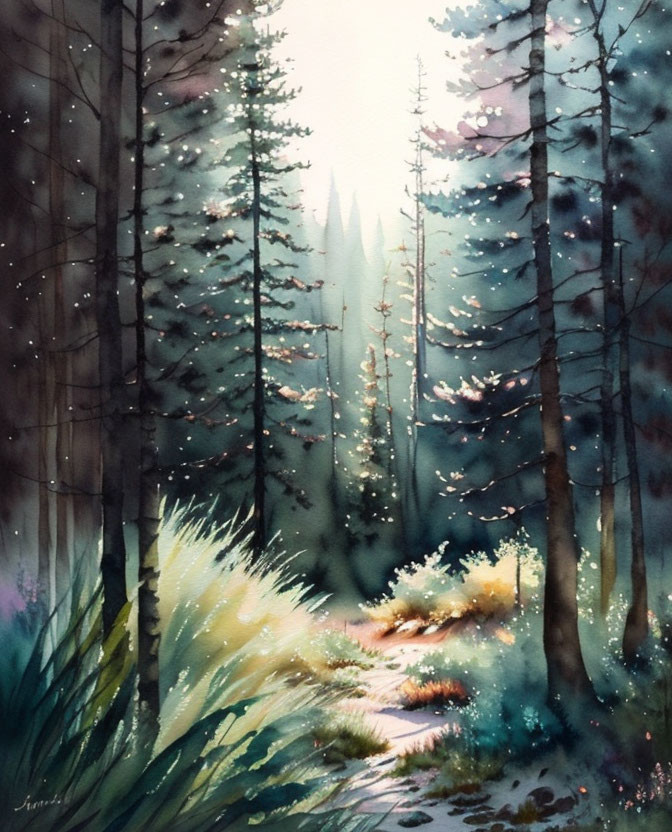 Tranquil watercolor painting of misty forest path