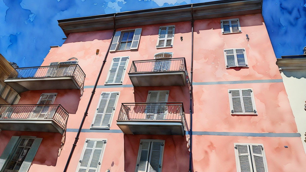 Peach-Colored Building Facade with Shuttered Windows and Balconies