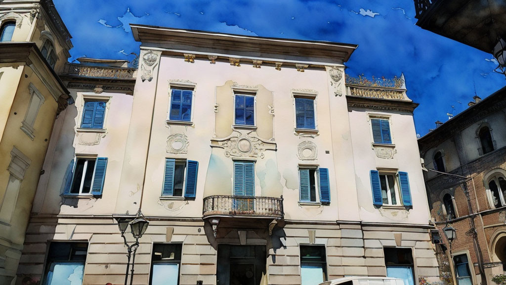 Beige Building with Moldings, Shutters, and Balcony under Blue Sky