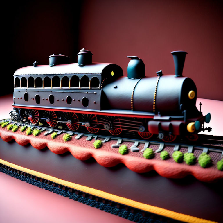 Model steam locomotive on tracks with intricate decorations on cake with red ruffled border and green bushes