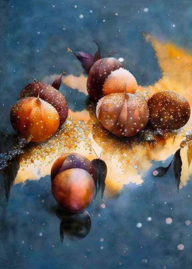 Pumpkins and leaves floating on water with starry warm backdrop