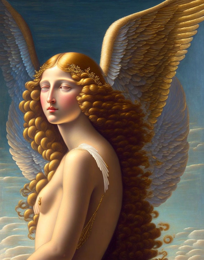 Serene angel with golden hair and feathered wings on soft blue background