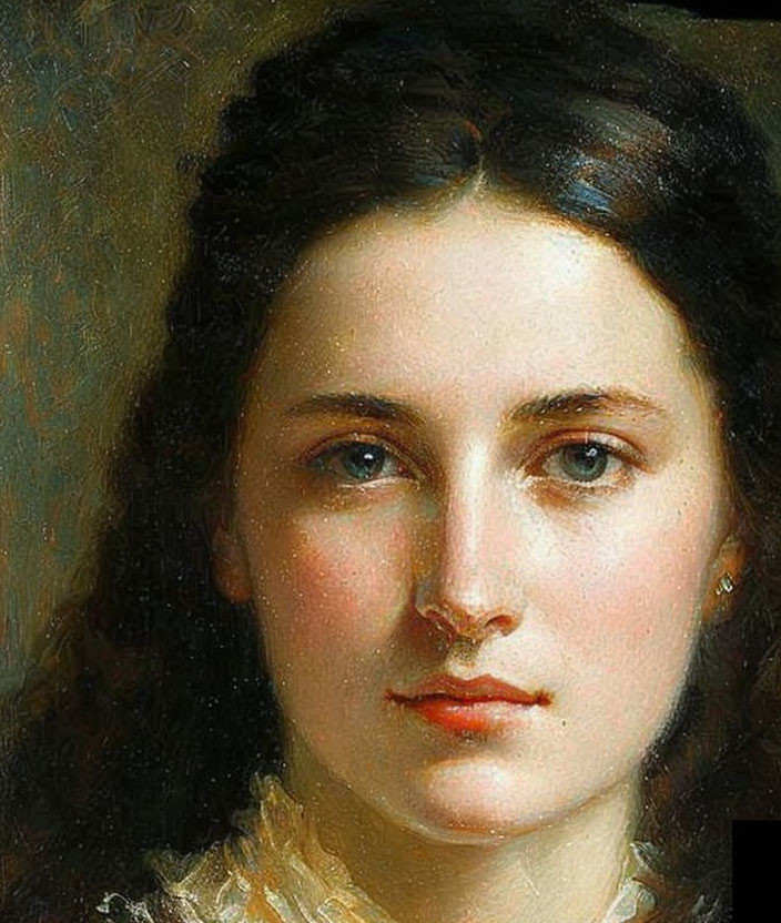 Detailed portrait of young woman with dark hair and lace collar