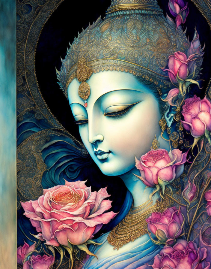 Serene-faced woman with blue skin and intricate jewelry surrounded by pink roses on dark background