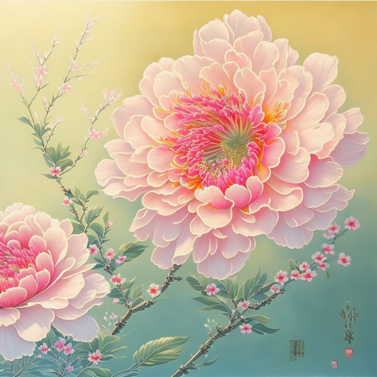 Detailed Traditional Asian-Style Painting of Pink Peonies on Soft-Yellow Background