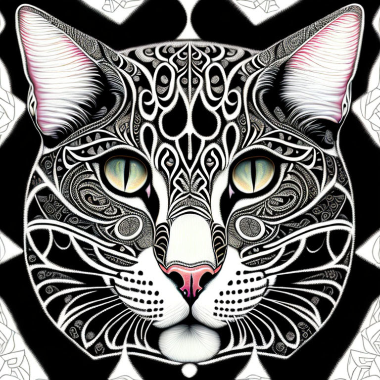 Detailed black and white cat illustration with intricate patterns and realistic eyes.