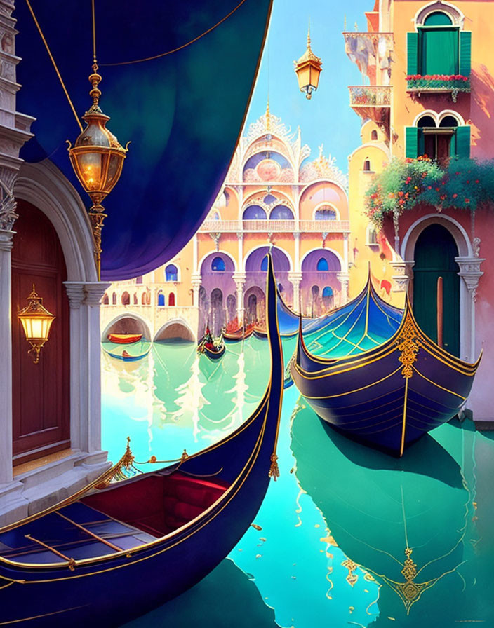 Colorful Venice Scene: Vibrant buildings, ornate gondolas, serene water