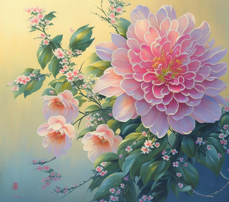 Colorful Large Pink Peony Painting with Green Foliage