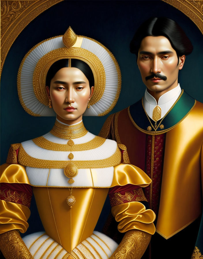 Asian Royal Couple in Traditional Attire with Gold Detailing and Circular Backdrop