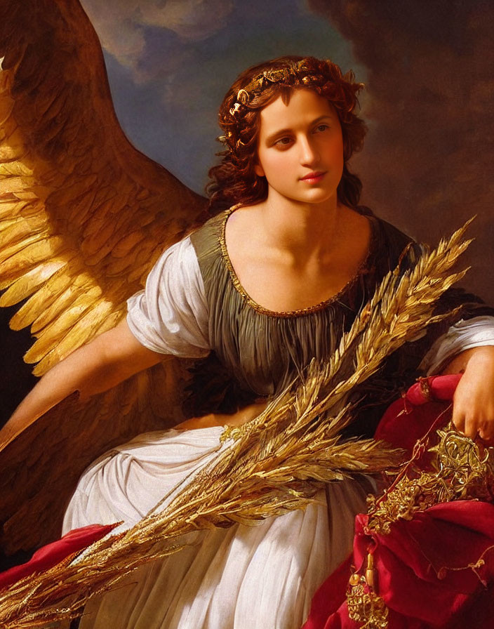 Golden-crowned angel with wings holding wheat sheaves in red cloak.