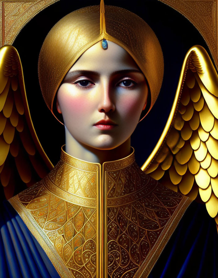 Stylized portrait of a person with golden headwear, jeweled bindi, armor, and