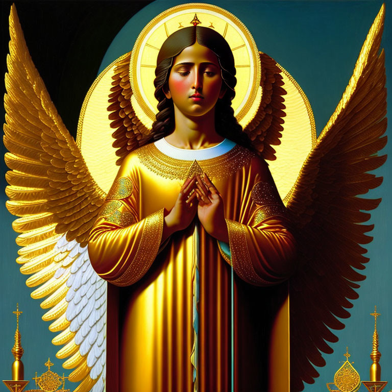 Golden haloed angel in prayer with white wings on blue background