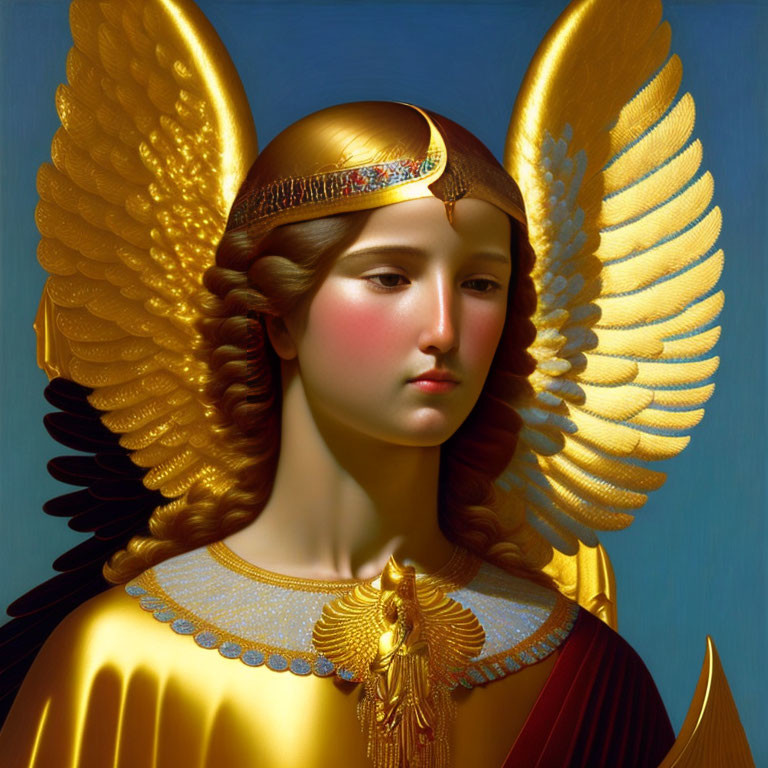 Golden-winged angel painting with headband and intricate attire on blue background