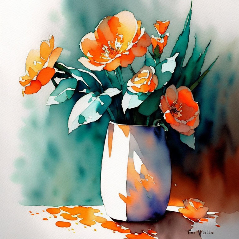 Colorful watercolor painting of orange flowers in white vase with green leaves and blurred background