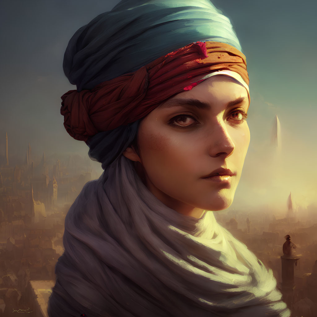 Vibrant digital painting of woman in colorful turban against ancient cityscape