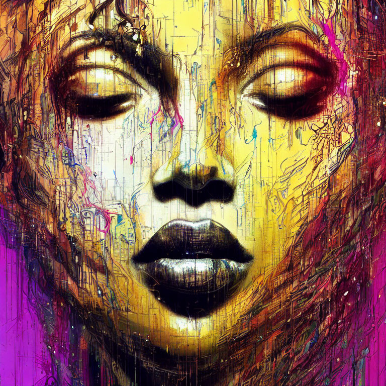 Colorful abstract painting: Woman's face in close-up with bold gold streaks