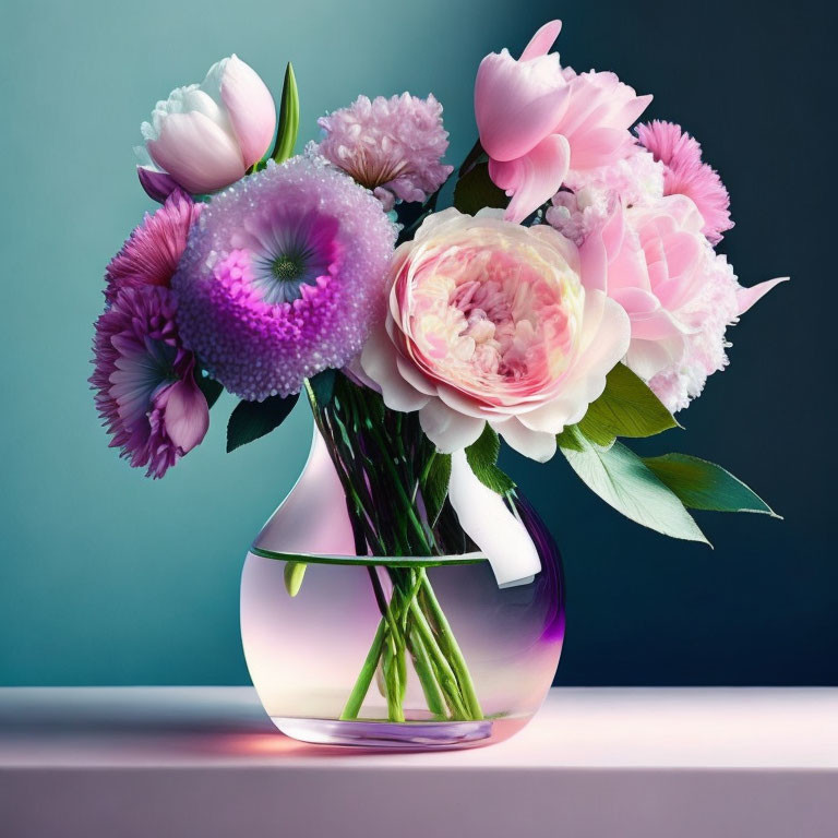 Colorful Mixed Flower Bouquet in Clear Glass Vase on Teal Background