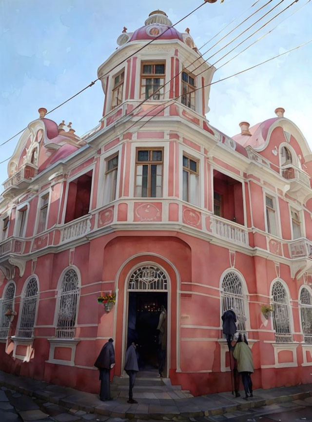 Pink Baroque-style Building with Elaborate Decorations and People Entering