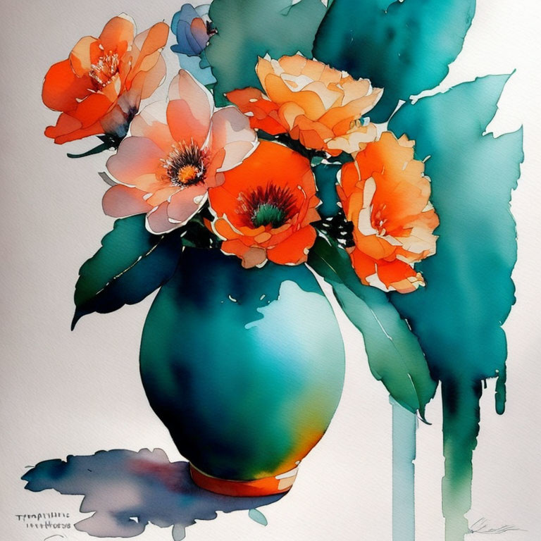 Vibrant orange and yellow flowers in teal vase with dripping effect