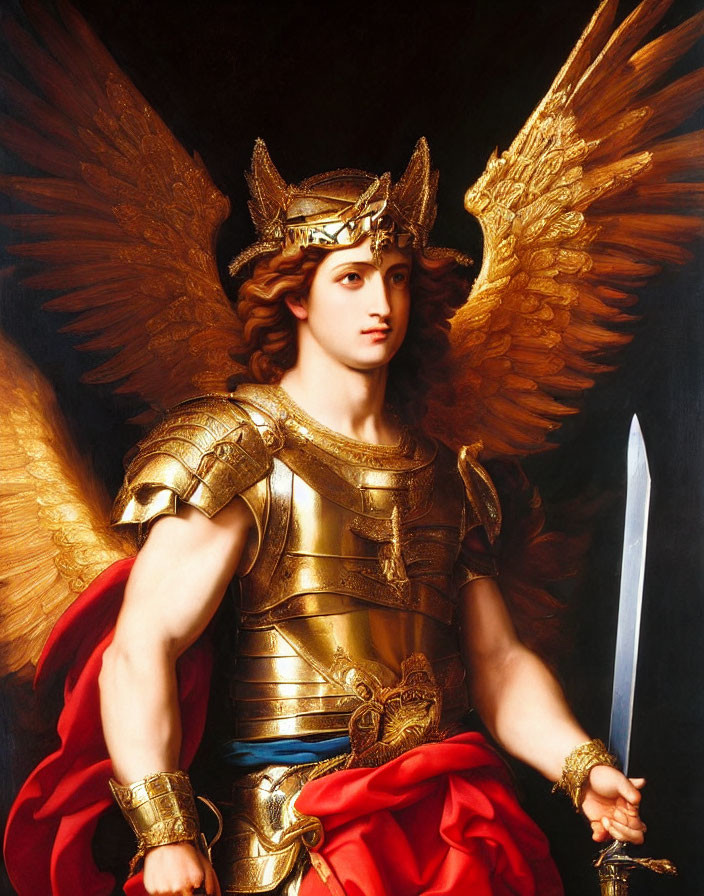 Winged angelic figure in golden armor with sword and regal helmet