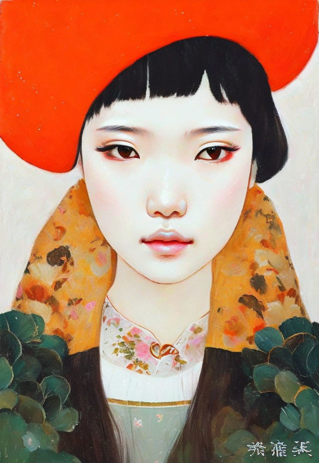 Young person with red hat and expressive gaze, surrounded by greenery and floral garment.