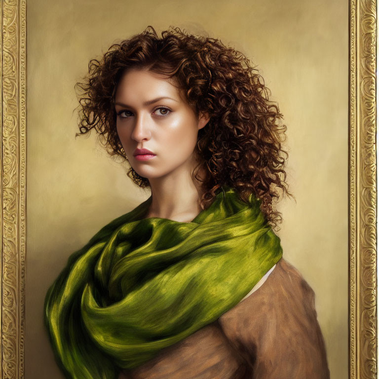 Curly-Haired Woman in Green Scarf on Golden Background