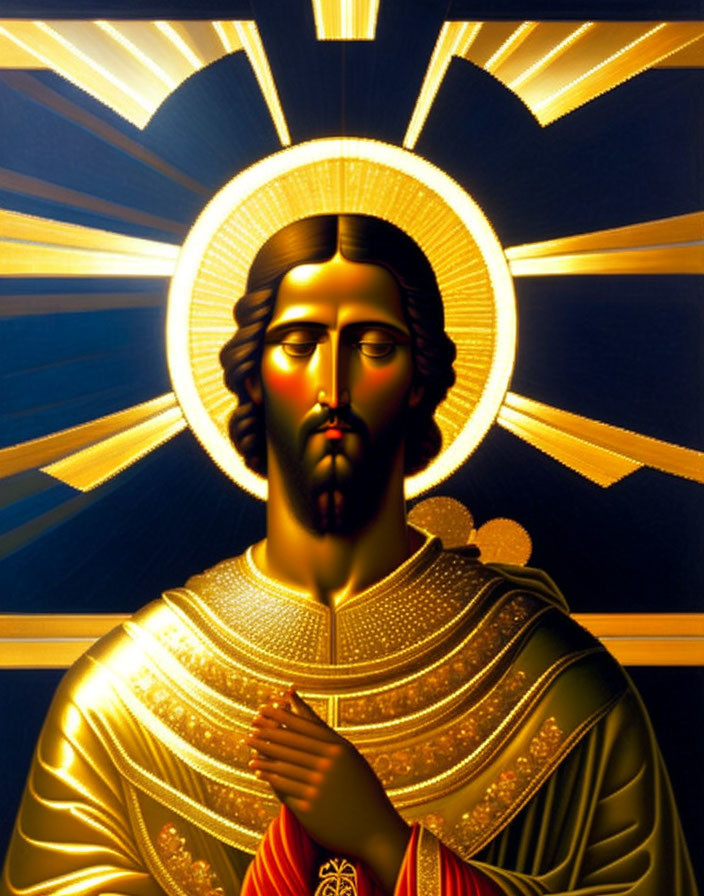 Iconographic Image: Jesus with Halo Praying on Golden and Blue Background