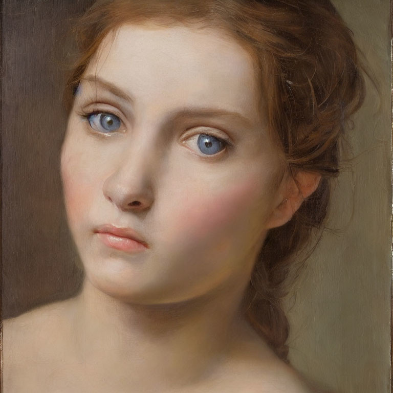 Young woman portrait with blue eyes and reddish-brown hair, neutral gaze.