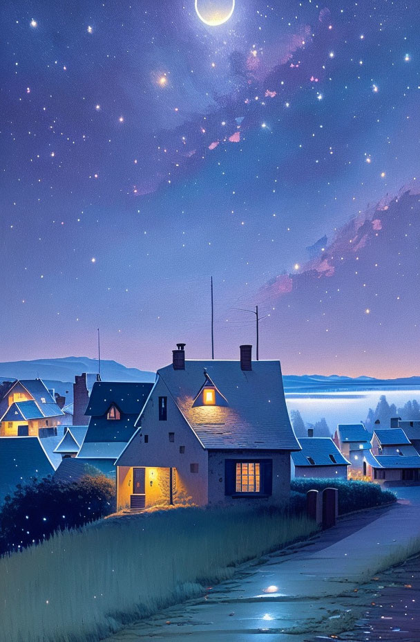 Tranquil night scene: illuminated houses, starry sky, crescent moon