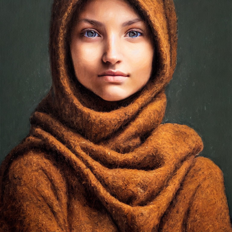 Close-up portrait of person with blue eyes in earthy brown hooded garment on soft fabric against green