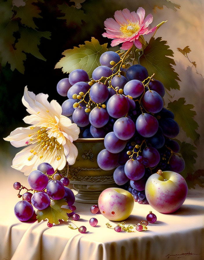 Classic Still Life Painting with Grapes, Flowers, and Apples