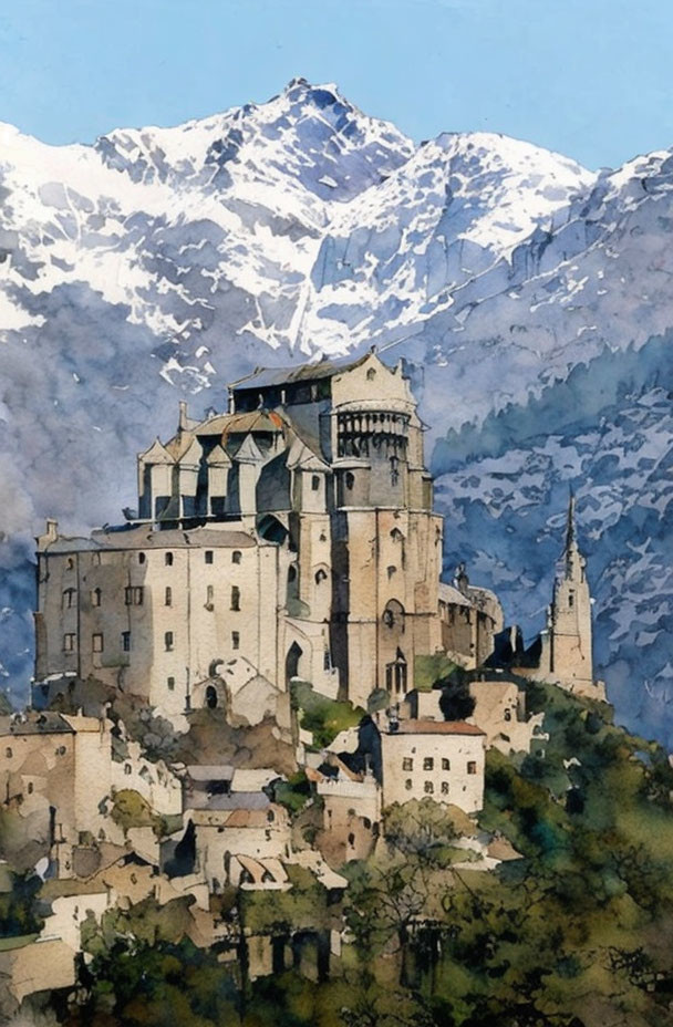 Historic castle watercolor with snow-capped mountains & village.