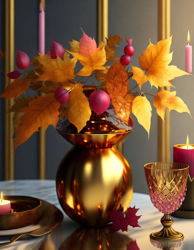 Sophisticated autumn table setting with golden decor, fall foliage vase, red candles, and crystal glass