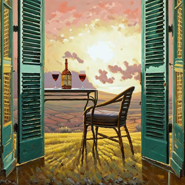 Table set with wine overlooking sunset countryside landscape