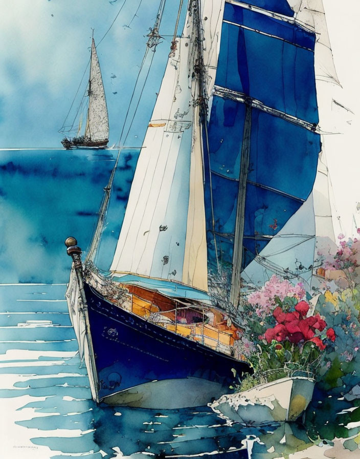 Colorful Watercolor Painting of Sailing Boat with Blue and White Sails