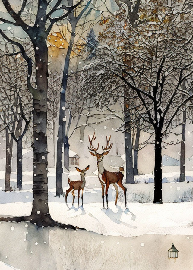 Snowy forest scene with two deer and bare trees at sunrise or sunset