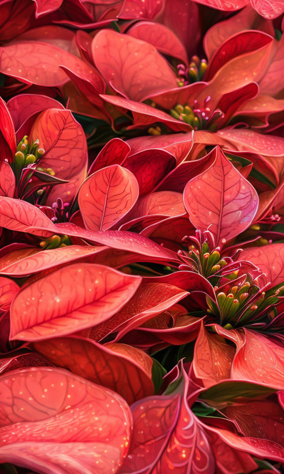 Vibrant red poinsettia leaves with green accents and yellow flowers, detailed with veins and