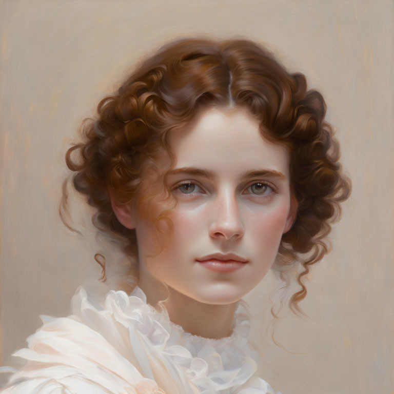 Portrait of young woman with curly brown hair, fair skin, blue eyes, white blouse.