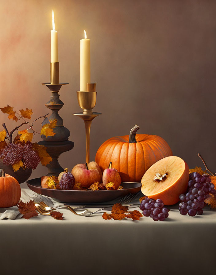 Autumn-themed still life with candles, pumpkins, fruit, and leaves.