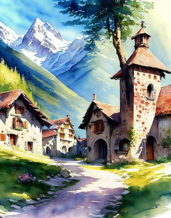 Scenic watercolor painting of village street and mountains