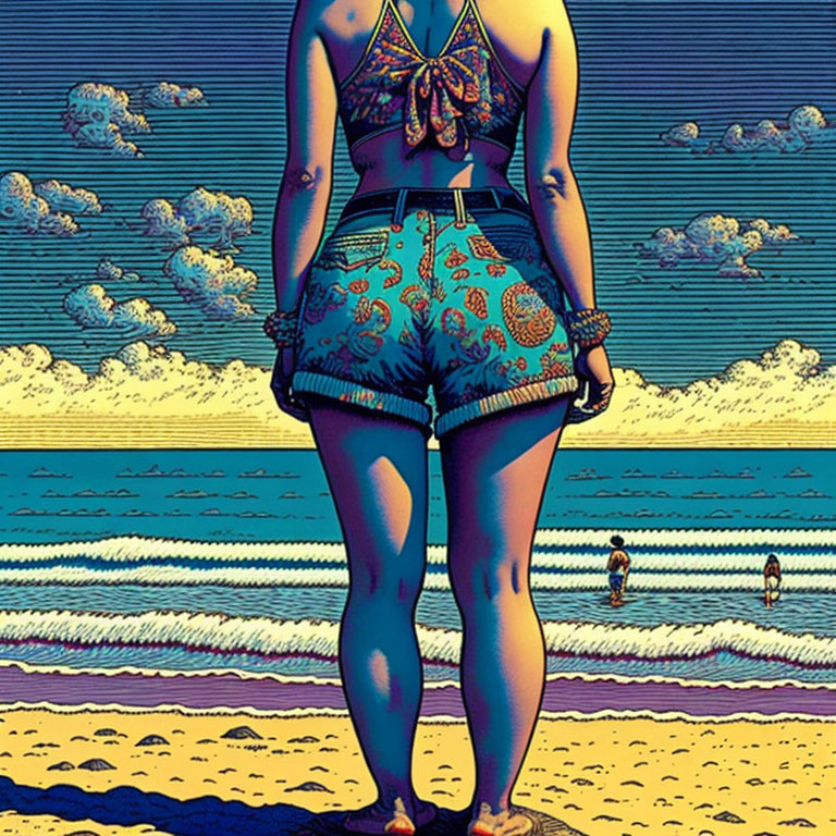 Beach scene with person in vibrant outfit and retro-styled illustration