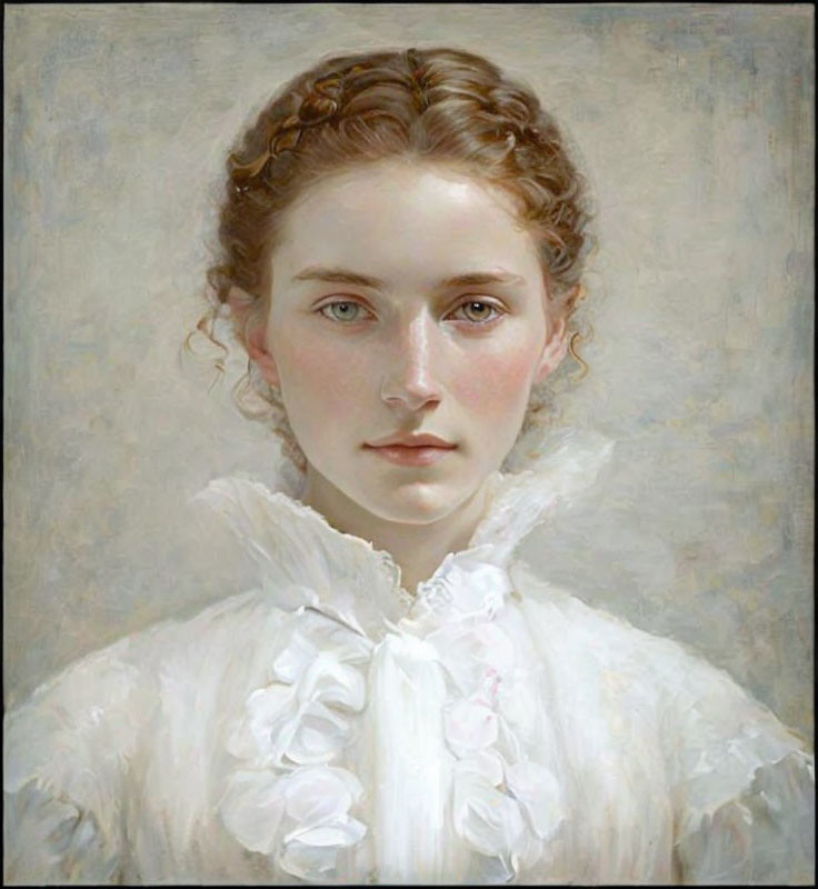 Young woman with auburn hair in white blouse and pink ribbon