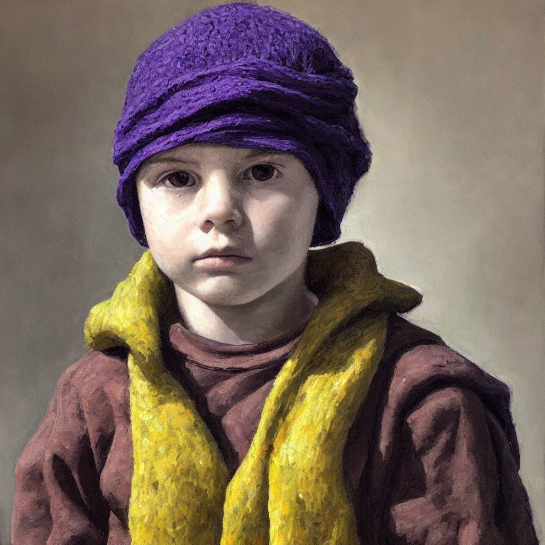 Young child in purple headwrap and yellow scarf against neutral background