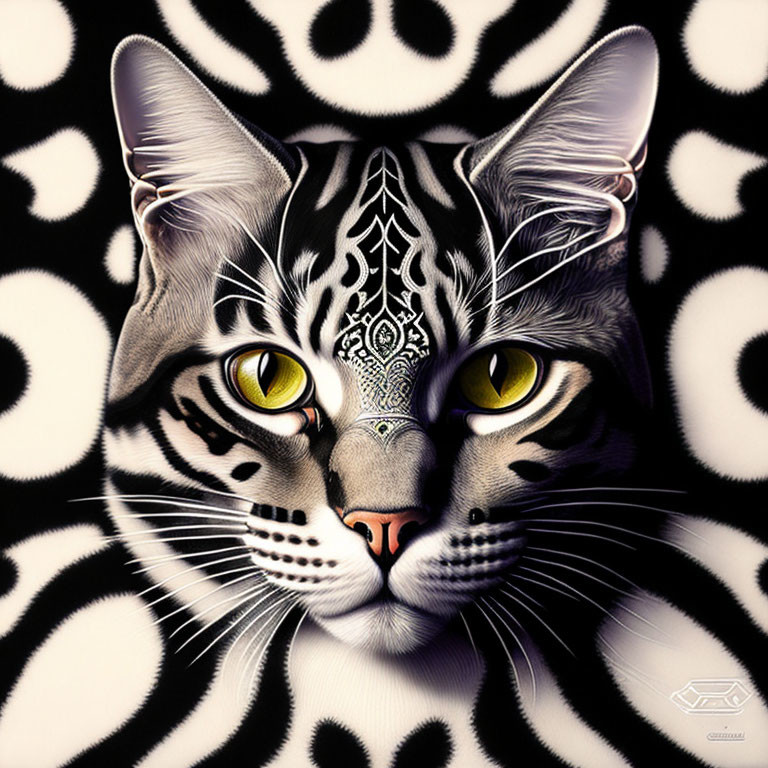 Monochrome cat digital art with intricate patterns and yellow eyes