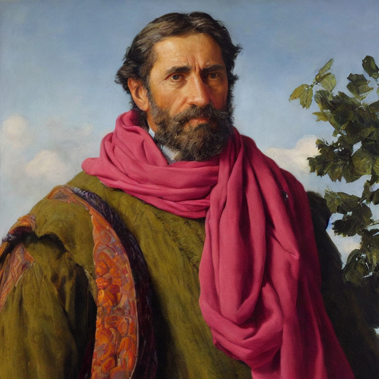 Bearded Man in Green Robe and Pink Scarf Against Sky Background