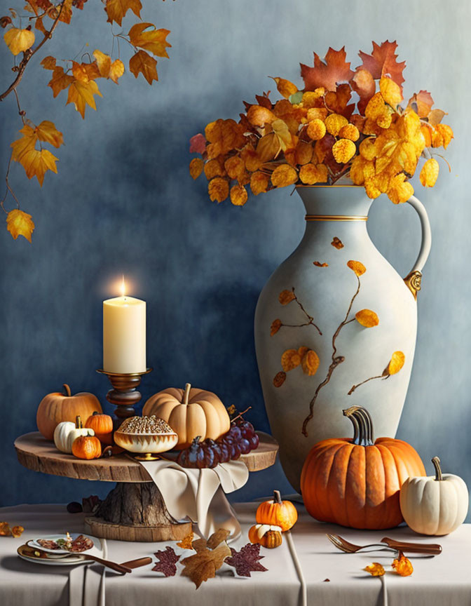 Autumnal setup with yellow and orange leaves, pumpkins, and a lit candle